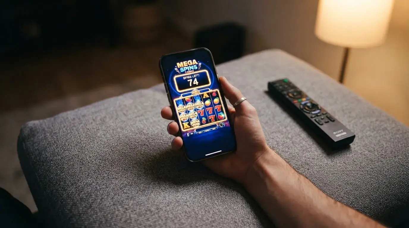 Dłoń trzyma smartfon z prostym ekranem gry pokazującym liczbę pozostałych darmowych spinów, telefon leży na kanapie obok pilota.