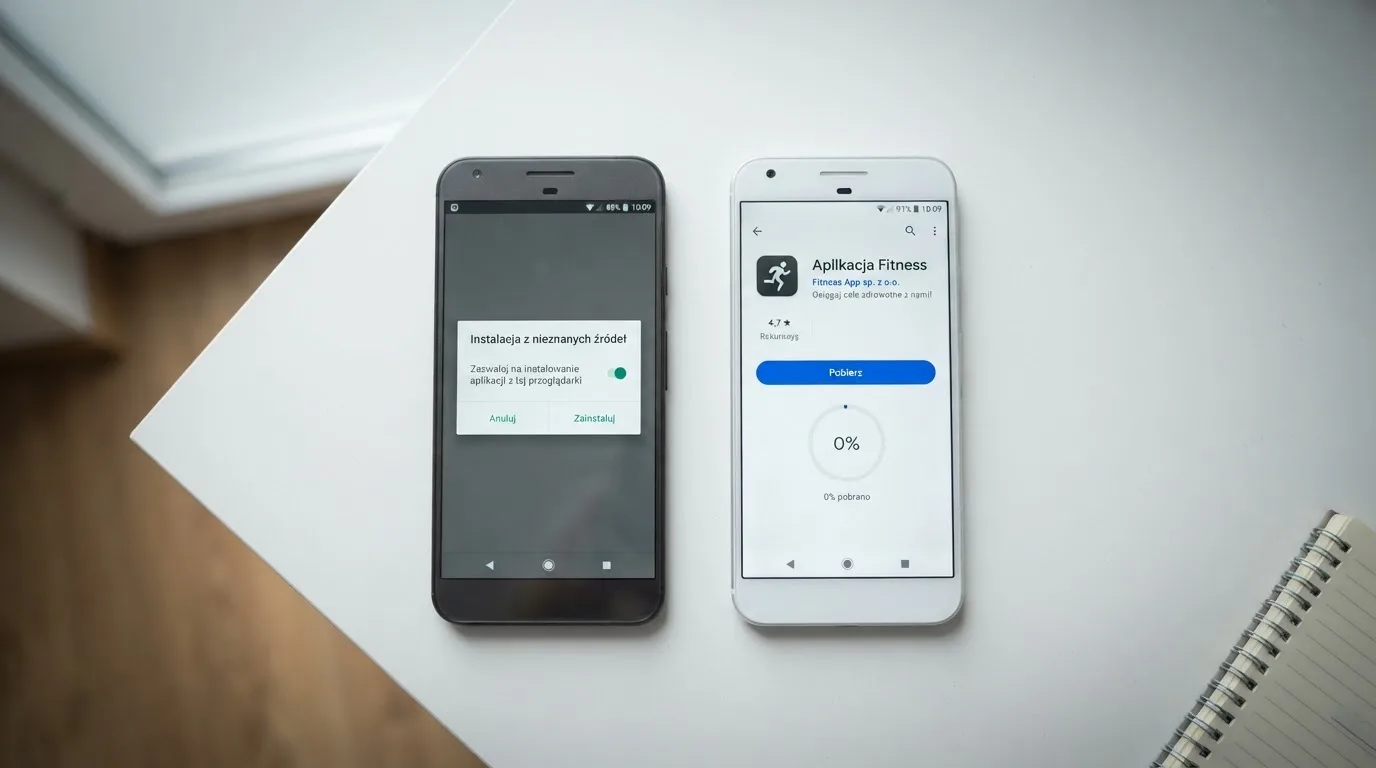 Dwa telefony obok siebie: na jednym komunikat zgody na instalację pliku APK z nieznanego źródła, na drugim strona aplikacji w sklepie z przyciskiem pobierania