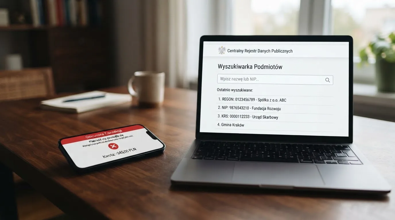 Ekran telefonu z odrzuconą płatnością BLIK obok otwartej w przeglądarce wyszukiwarki rejestru domen Ministerstwa Finansów